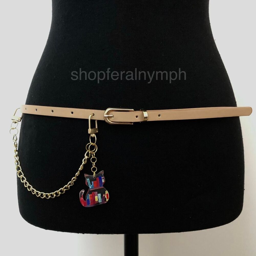 Tan Y2K Bookworm Cat Charm Skinny Chain Belt, Fits 33.5-35 Inches, X7GA1243
